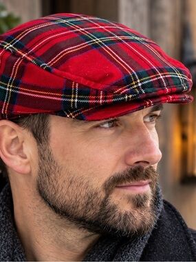 Red Plaid tartan Flat Cap